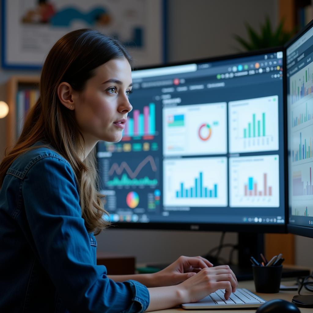 A market research analyst reviews data on a computer