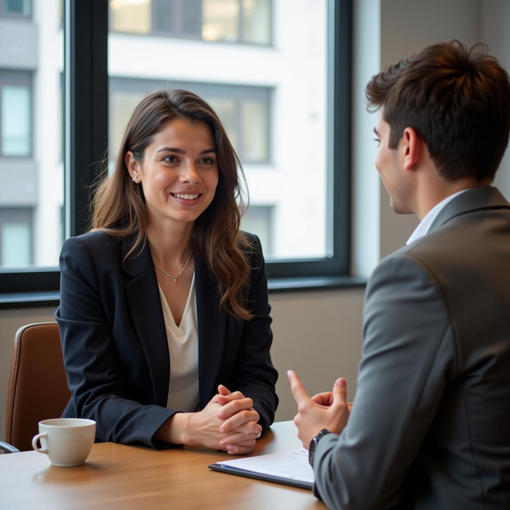 A market research analyst intern confidently answering questions during an interview.