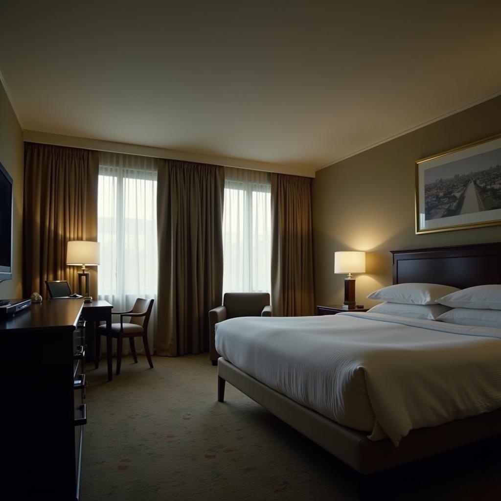 A modern hotel room with an unexplained shadow in the corner.