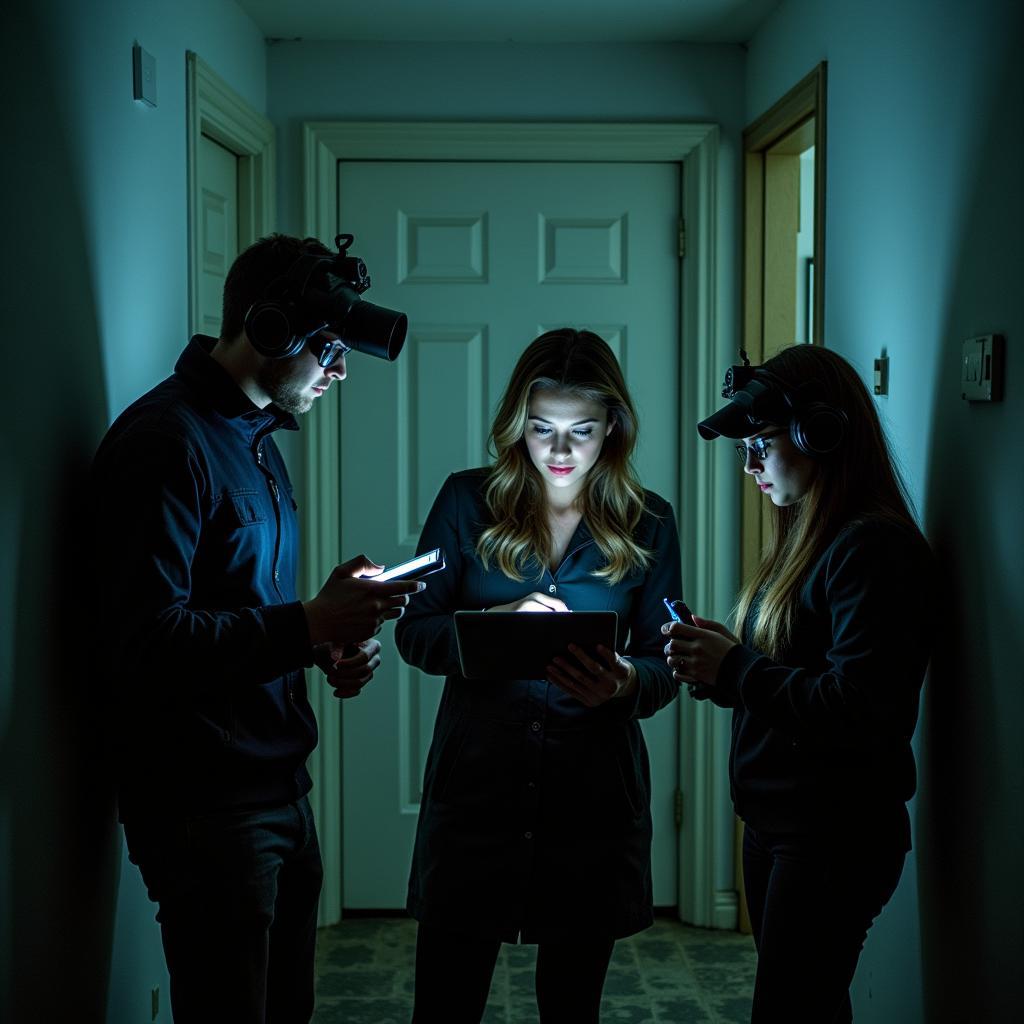 A modern paranormal investigation team, led by a research strategist, using various equipment.