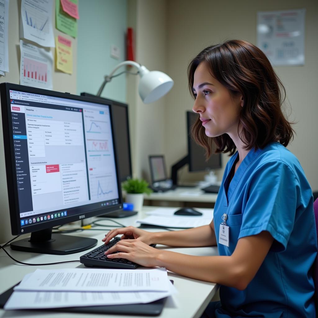 A nurse researcher analyzing data on a computer