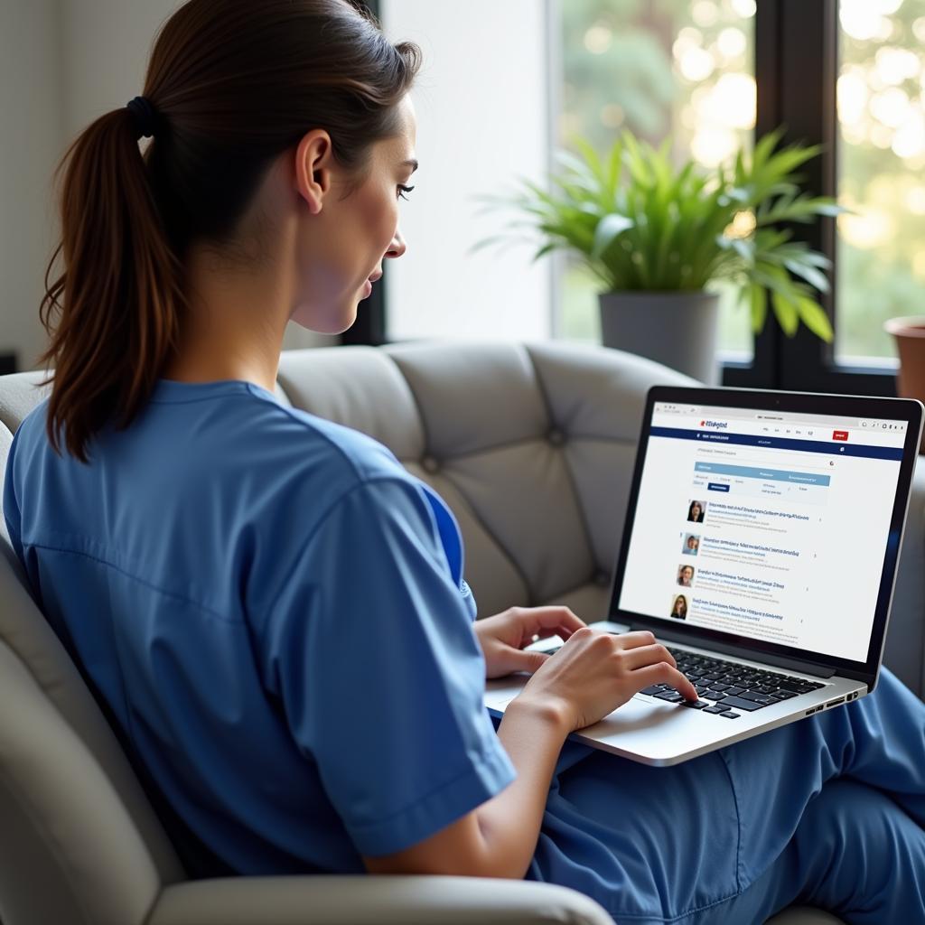 A nurse using a laptop to search for job openings online