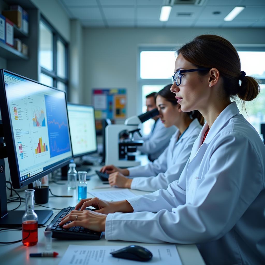 Scientists working in an obesity research institute laboratory.