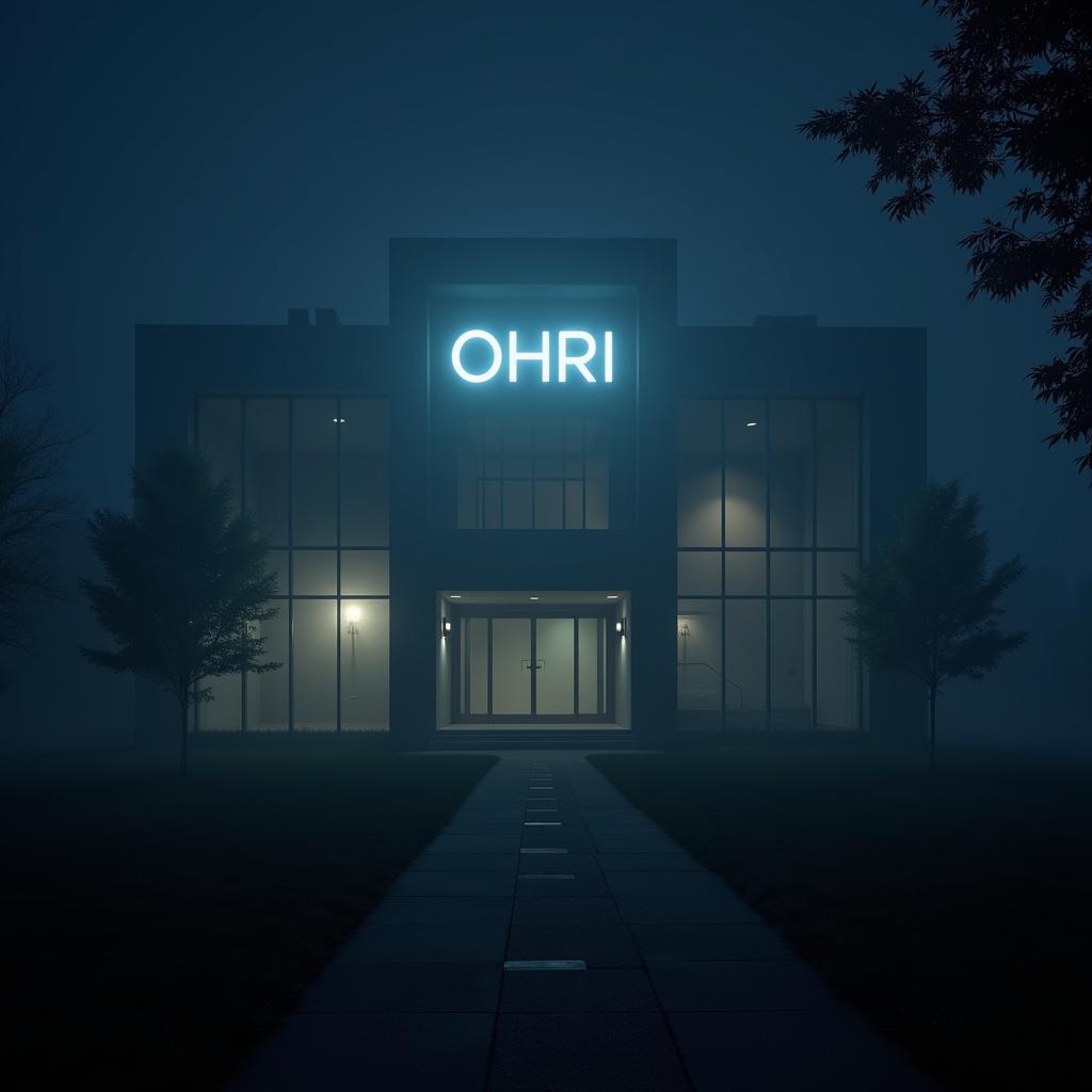 Night view of the Ottawa Hospital Research Institute, with a mysterious ambiance.