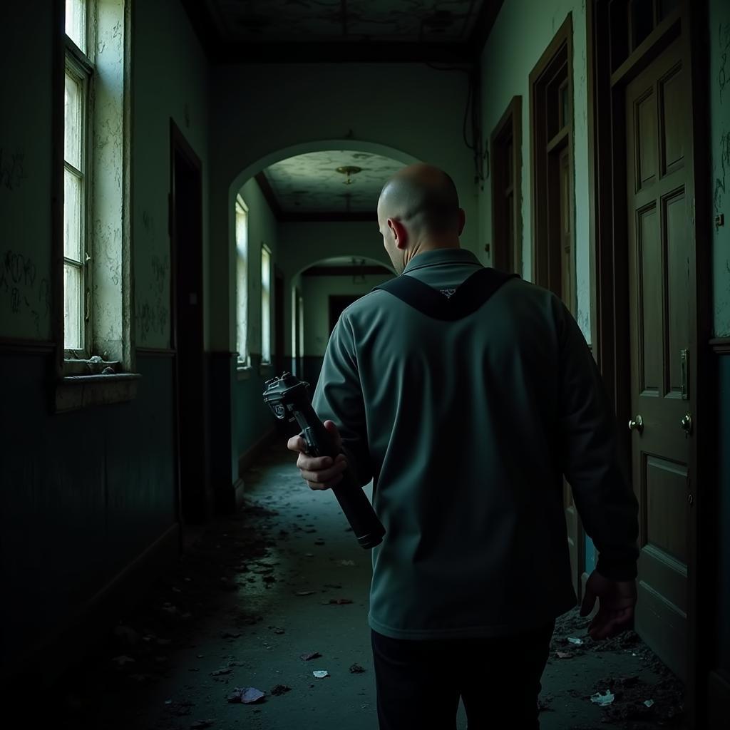 Paranormal investigator wearing Outdoor Research Astroman shirt exploring a dimly lit, abandoned asylum