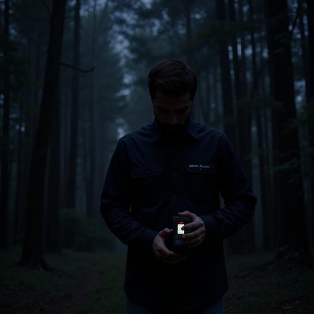 Paranormal investigator wearing Outdoor Research Echo Shirt during a night investigation