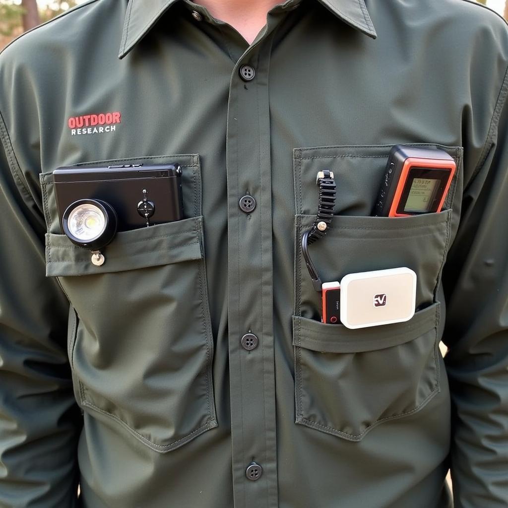 Close-up of Outdoor Research Echo Shirt pockets filled with paranormal investigation equipment