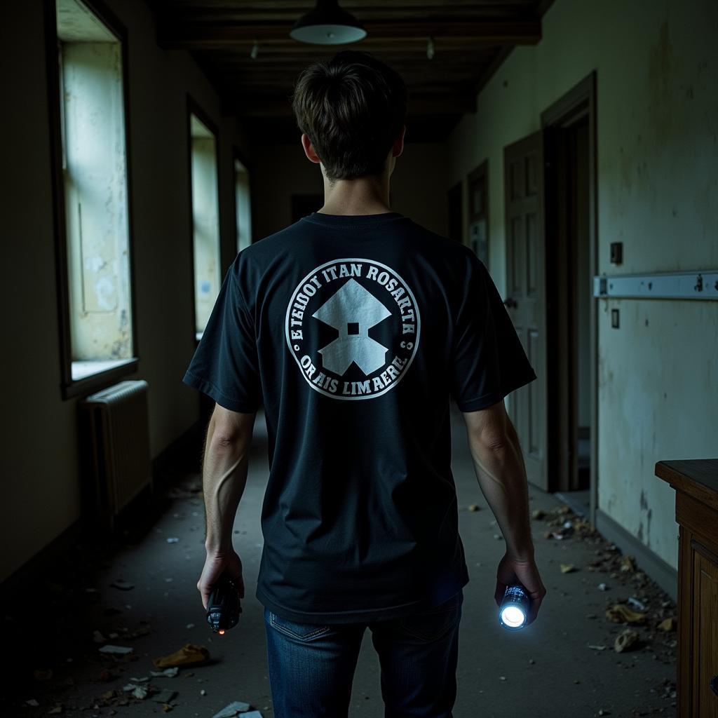 Investigator wearing Outdoor Research Echo T-Shirt in an abandoned building