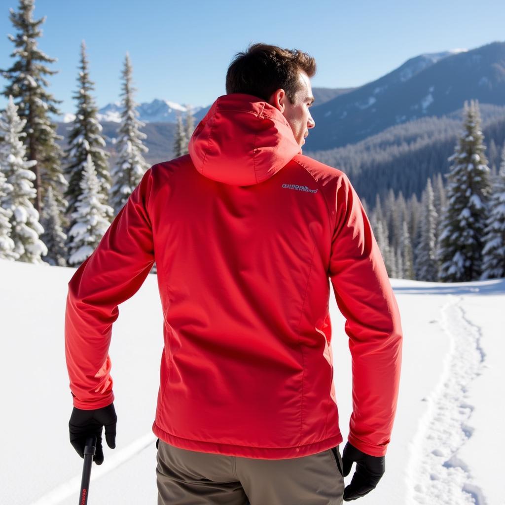 Outdoor Research Helium Down Jacket being used during a hike in snowy mountains