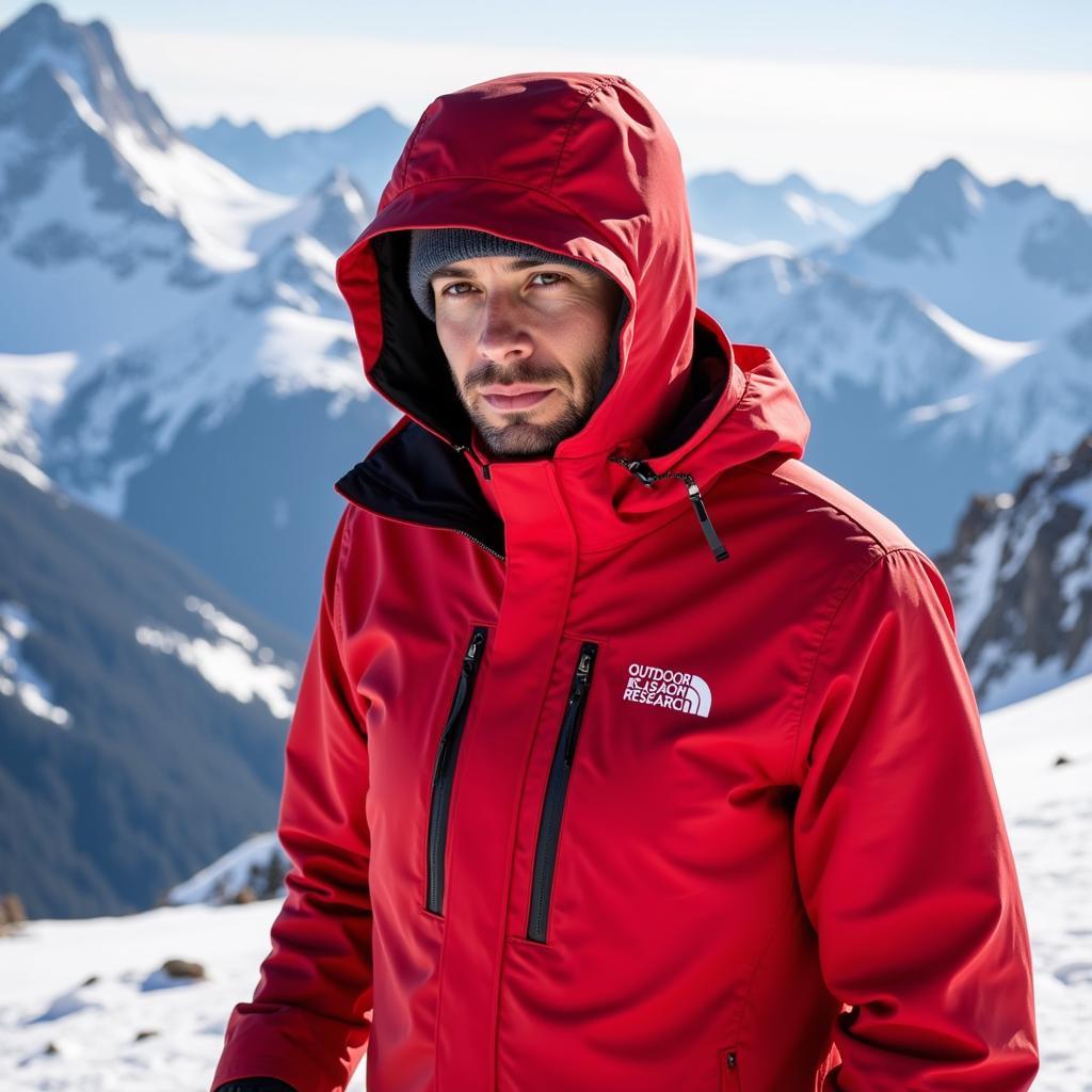 Outdoor Research Parka in Action on a Snowy Mountain Peak