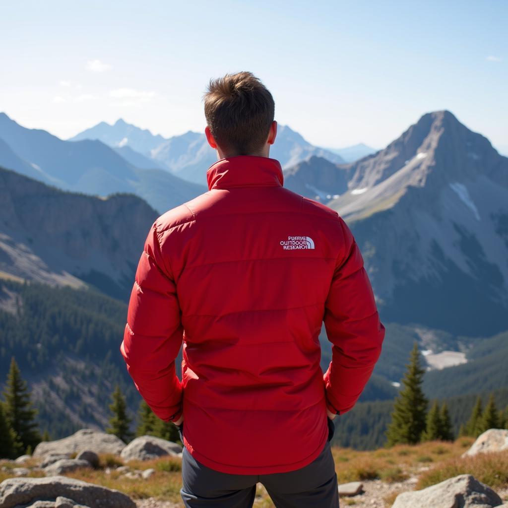 Outdoor Research Puffy Jacket in Action: A hiker wearing a bright red Outdoor Research puffy jacket stands on a mountain summit, showcasing the jacket's warmth and protection against the elements.