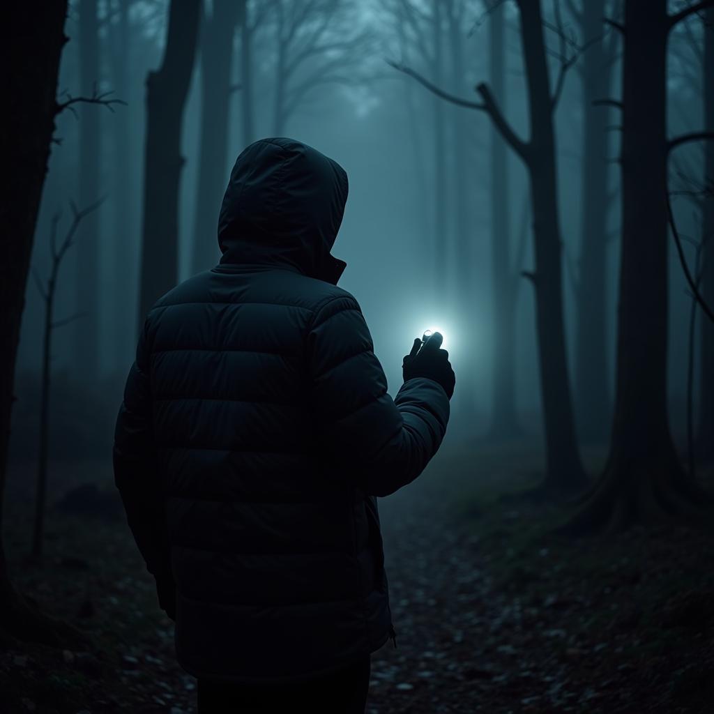 Paranormal Investigator wearing an Outdoor Research Puffy Jacket during a nighttime field investigation in a foggy forest.