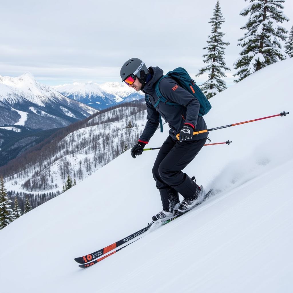 Outdoor Research ski shell being used by a skier on a snowy mountain