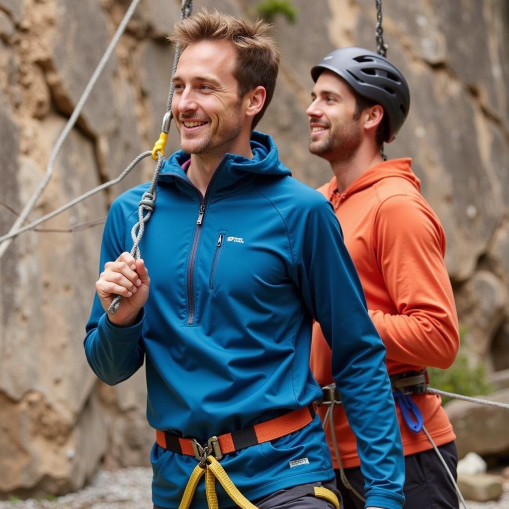 Outdoor Research Trail Mix Pullover worn while rock climbing