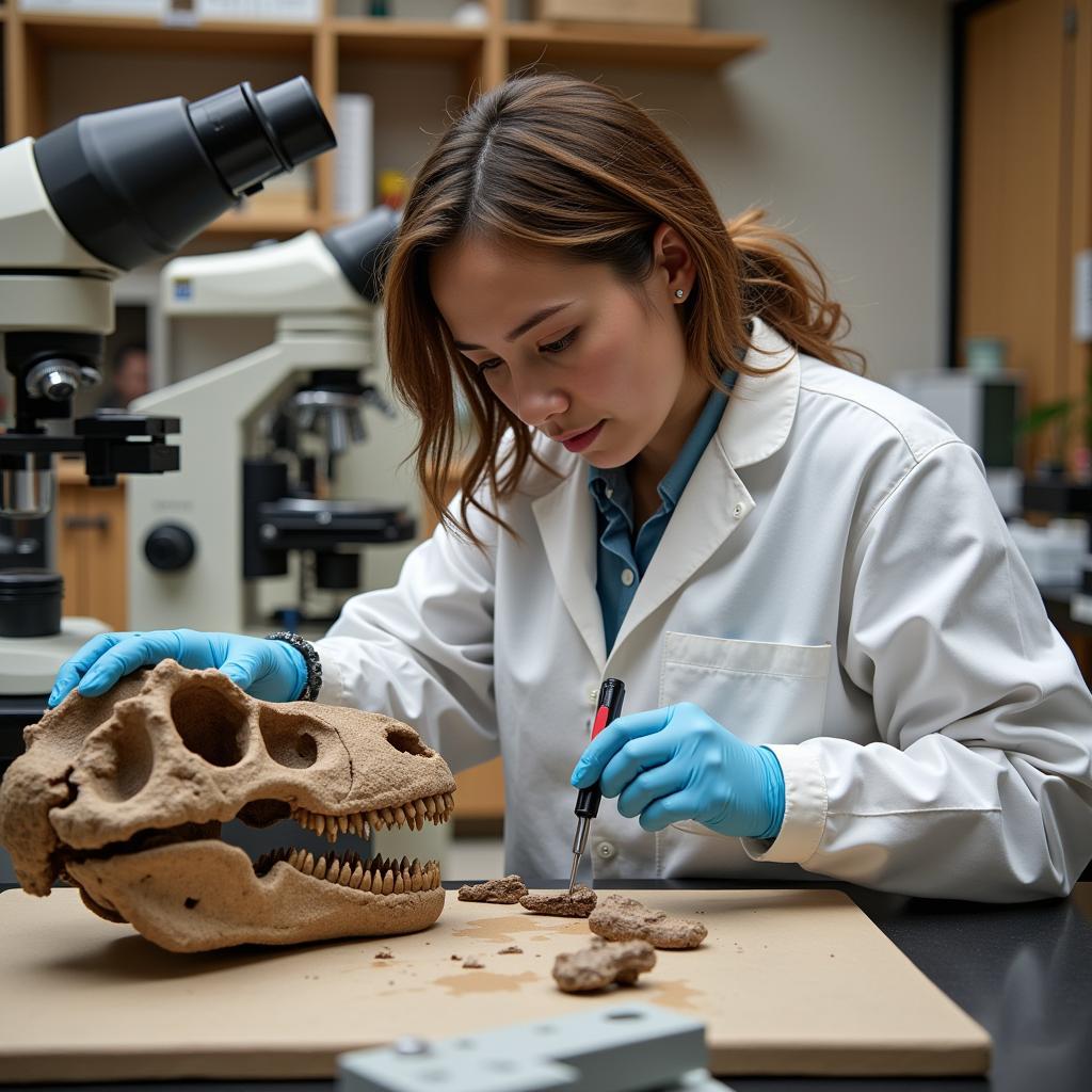 Paleontologist Examining Dinosaur Skull