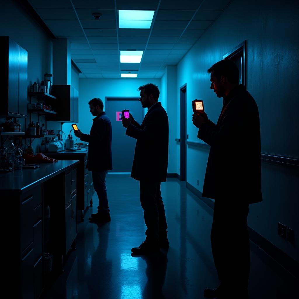 Paranormal investigators exploring a biosciences research building