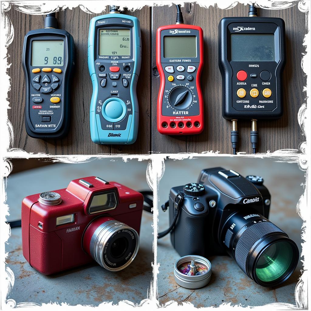 An assortment of paranormal investigation tools, including EMF meters, audio recorders, and cameras.