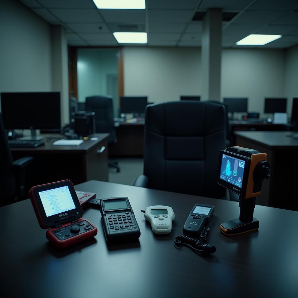 Paranormal investigation equipment set up inside a research park office center.