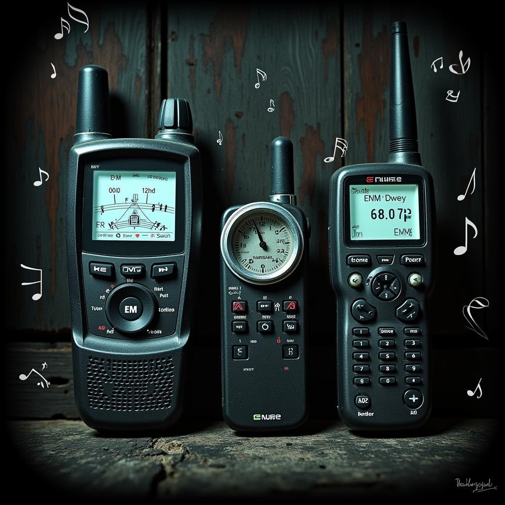 Paranormal investigation equipment with musical notes overlaid, symbolizing the use of sound in research.