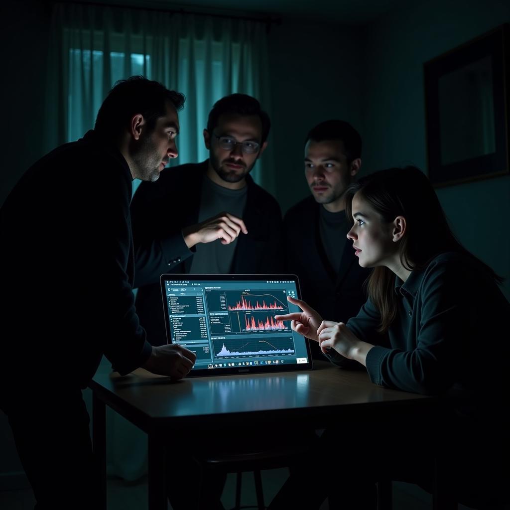 Paranormal Investigation Team Analyzing Data on a Laptop