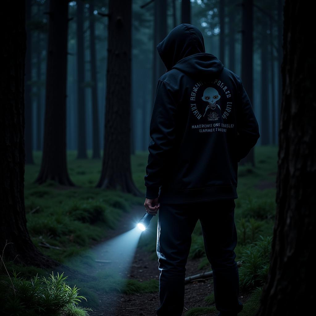 Paranormal Investigator in Forest Wearing Outdoor Research Astroman Hoody