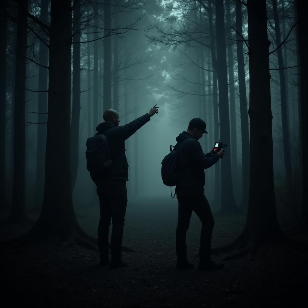 Paranormal investigators conducting field research in a forest at night