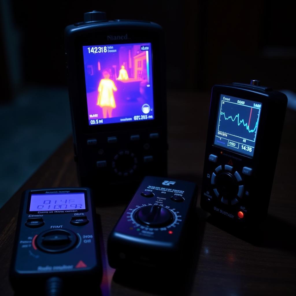 Paranormal research equipment: thermal camera, EMF meter, and audio recorder.