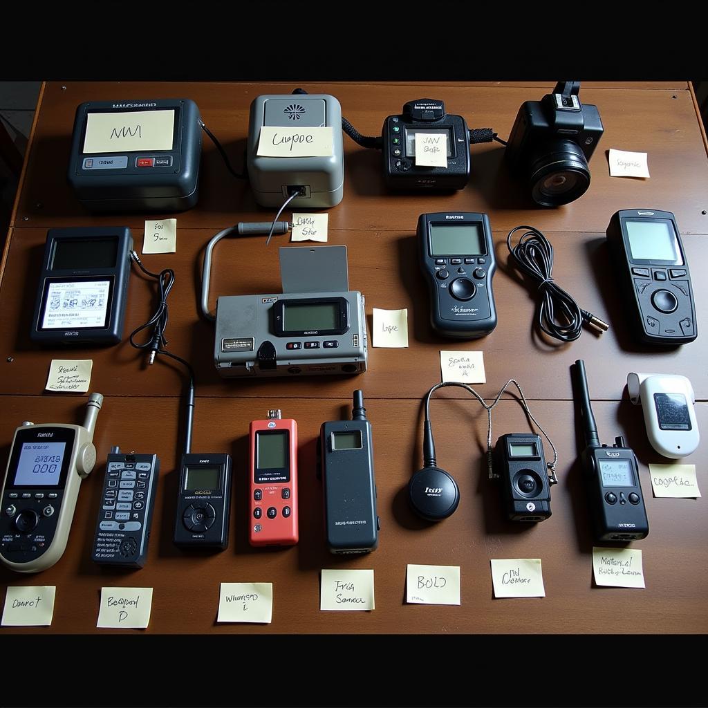 Paranormal research equipment identifiers: Labels on various devices like EMF meters, EVP recorders, and cameras.