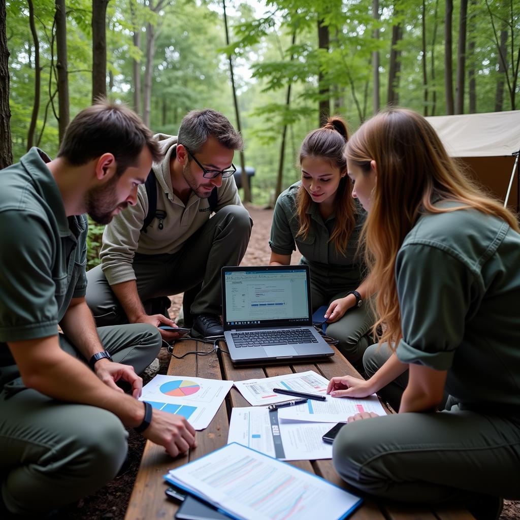 Paranormal research team analyzing data collected during an outdoor investigation