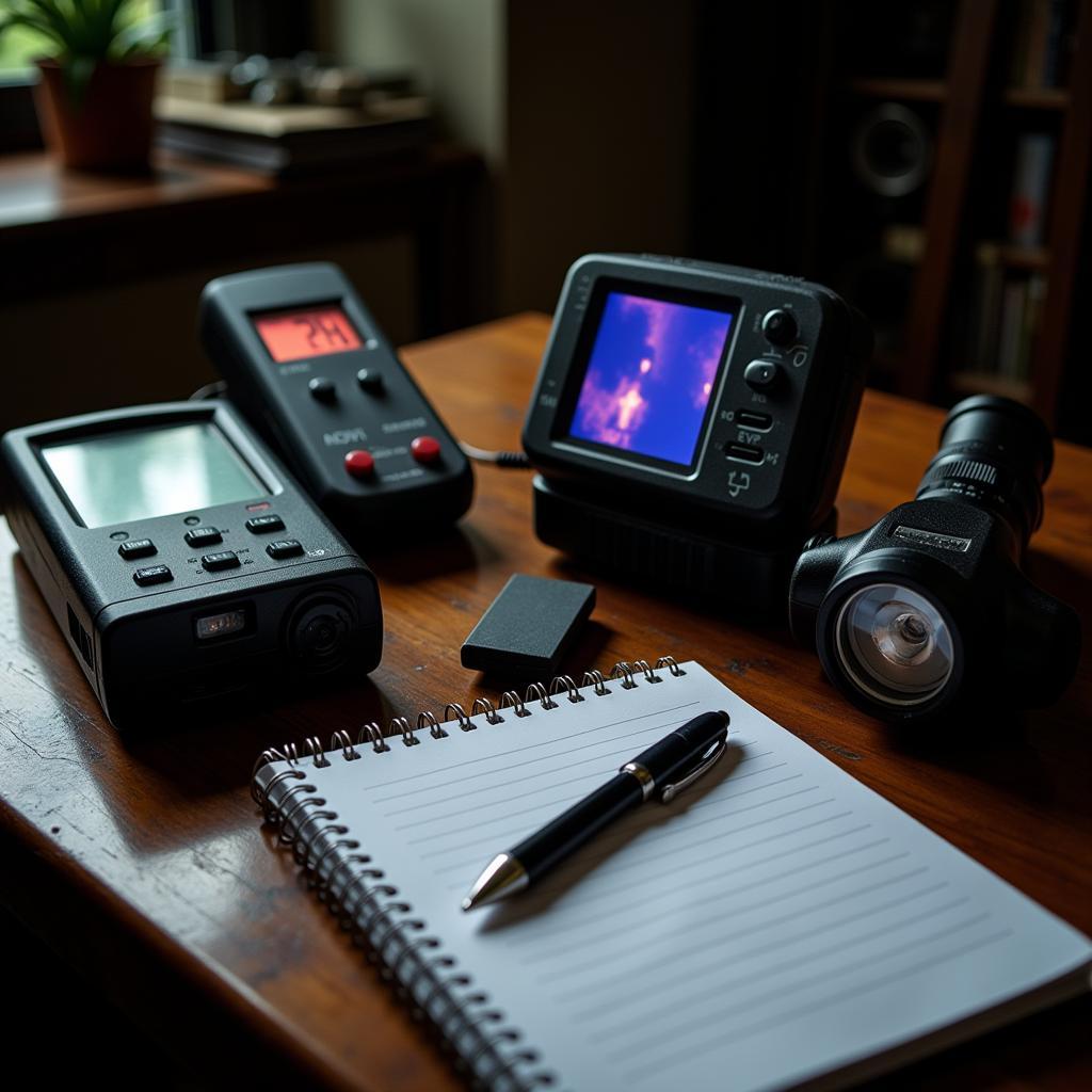 An assortment of paranormal research tools, including an EMF meter, EVP recorder, and thermal camera, used to investigate unexplained phenomena.