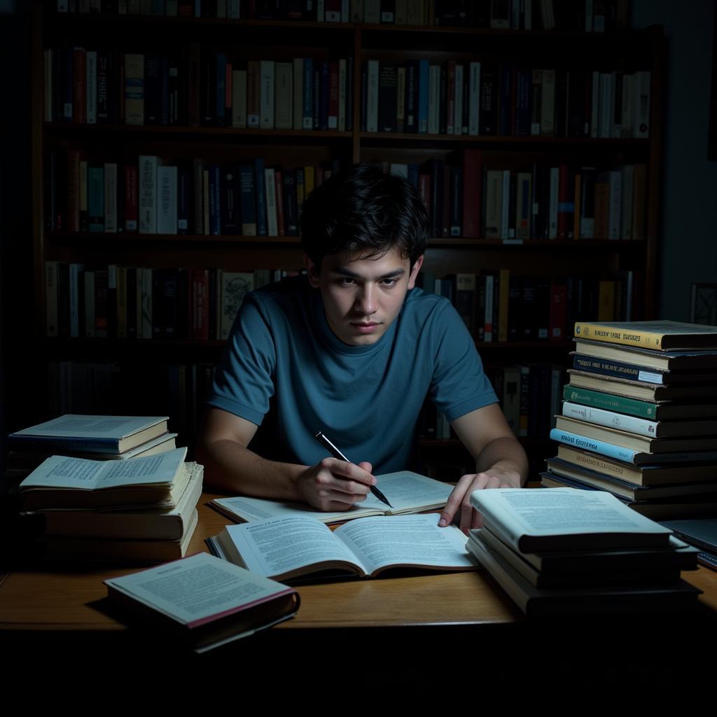 Undergraduate student researching paranormal phenomena in a dimly lit library, surrounded by books and journals.