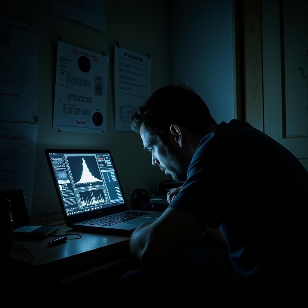 Paranormal researcher analyzing data on a laptop in a darkened room