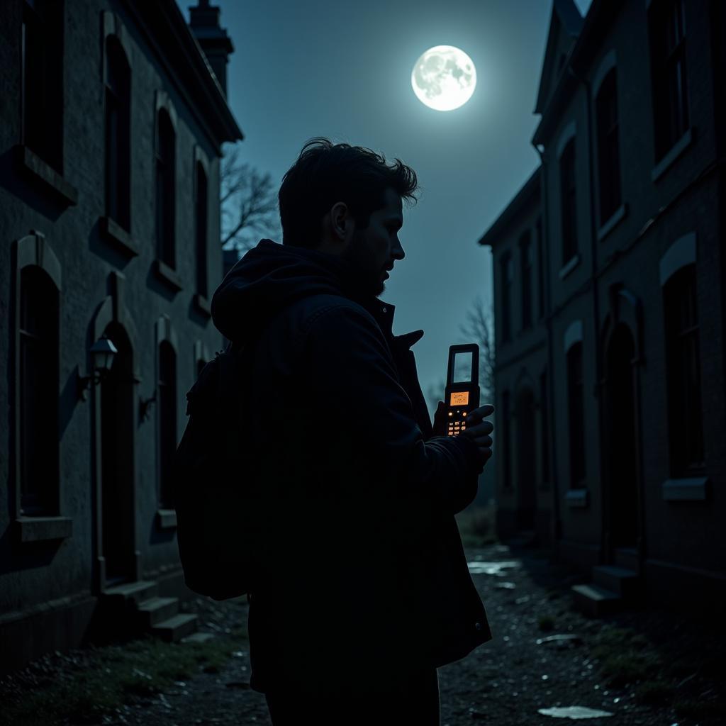 A paranormal researcher conducting an investigation at night