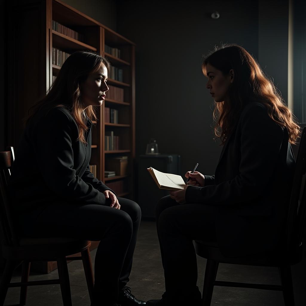 A paranormal researcher interviewing a witness in a dimly lit room.