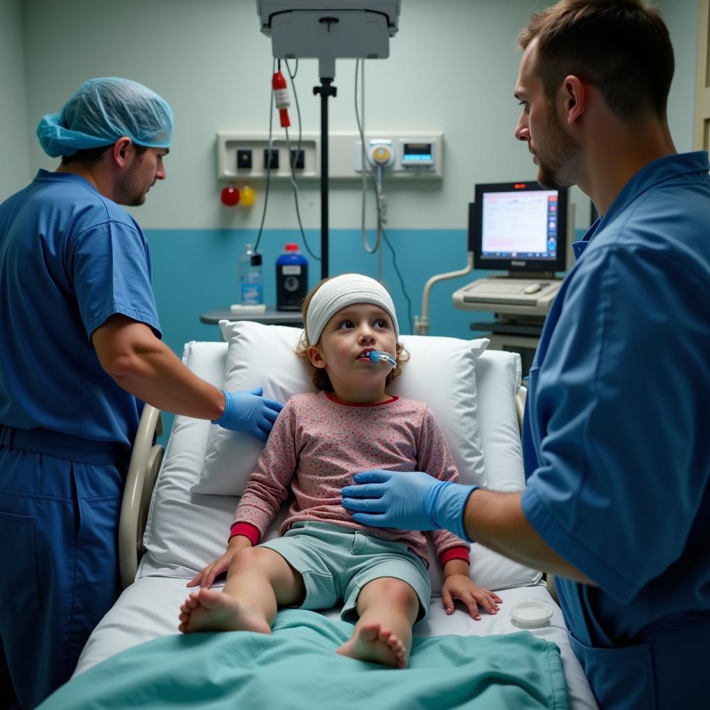 Pediatric Trauma Care Research: A child receiving emergency medical attention after a traumatic injury.