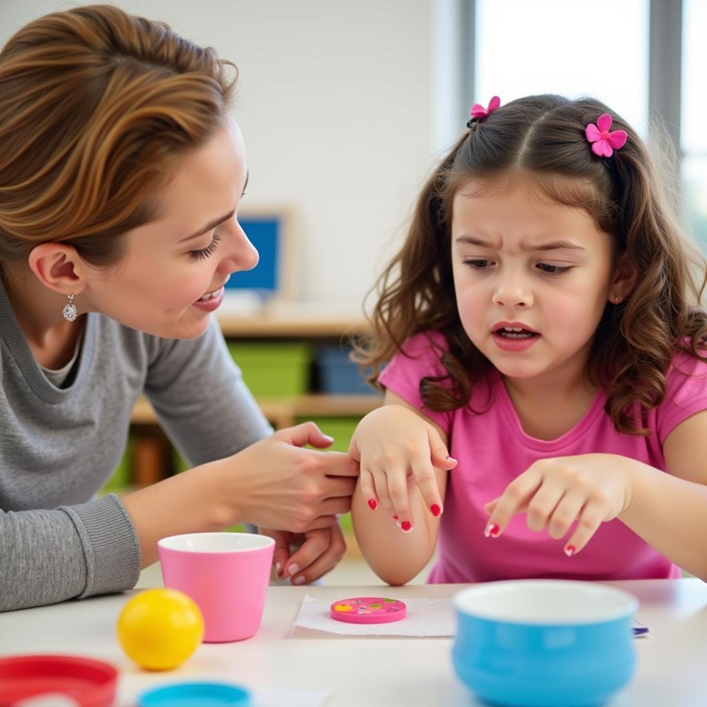 A child struggling with phonemic awareness tasks and a teacher offering support