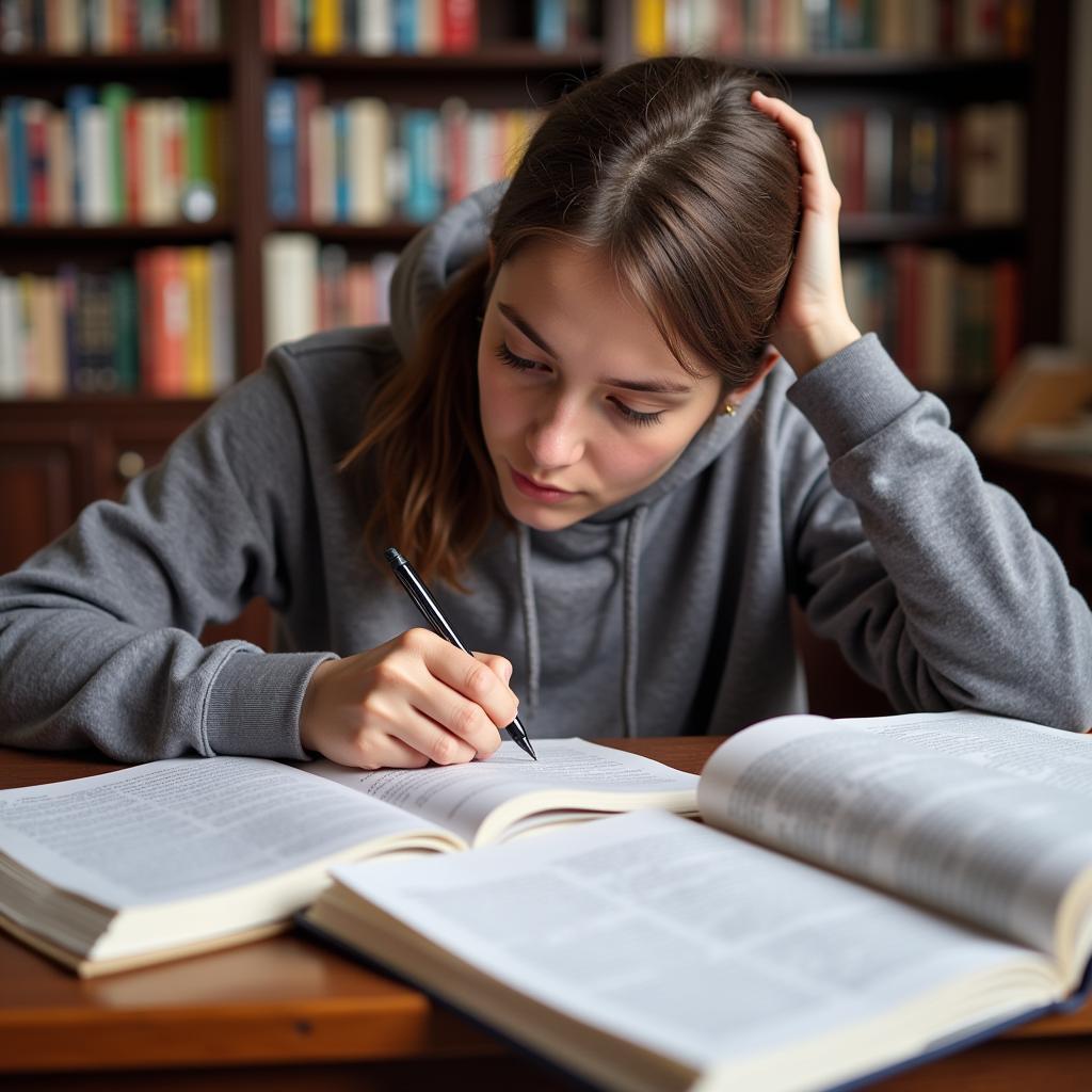 A student diligently working on a political science research project, surrounded by books and notes.