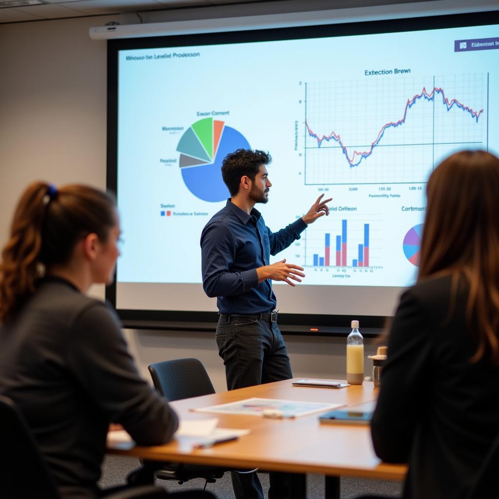 A quantitative research intern presenting their findings to a team.