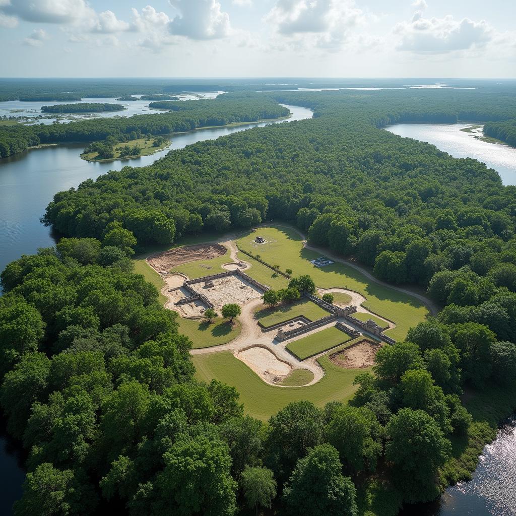 Aerial view of the Randell Research Center showcasing its location on Pine Island, surrounded by lush vegetation and waterways.