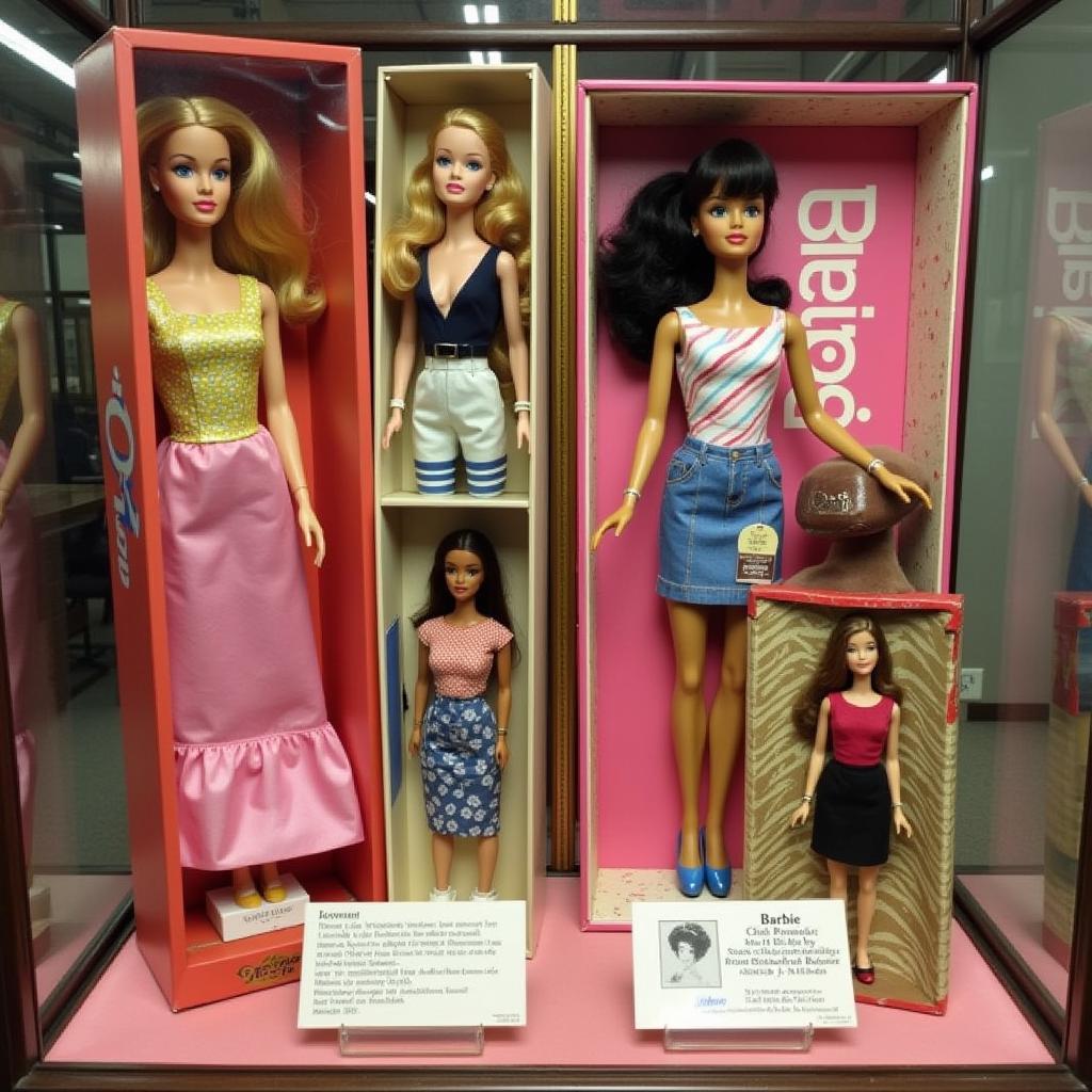 A display case featuring several rare and valuable Barbie dolls, including vintage models and limited edition releases.