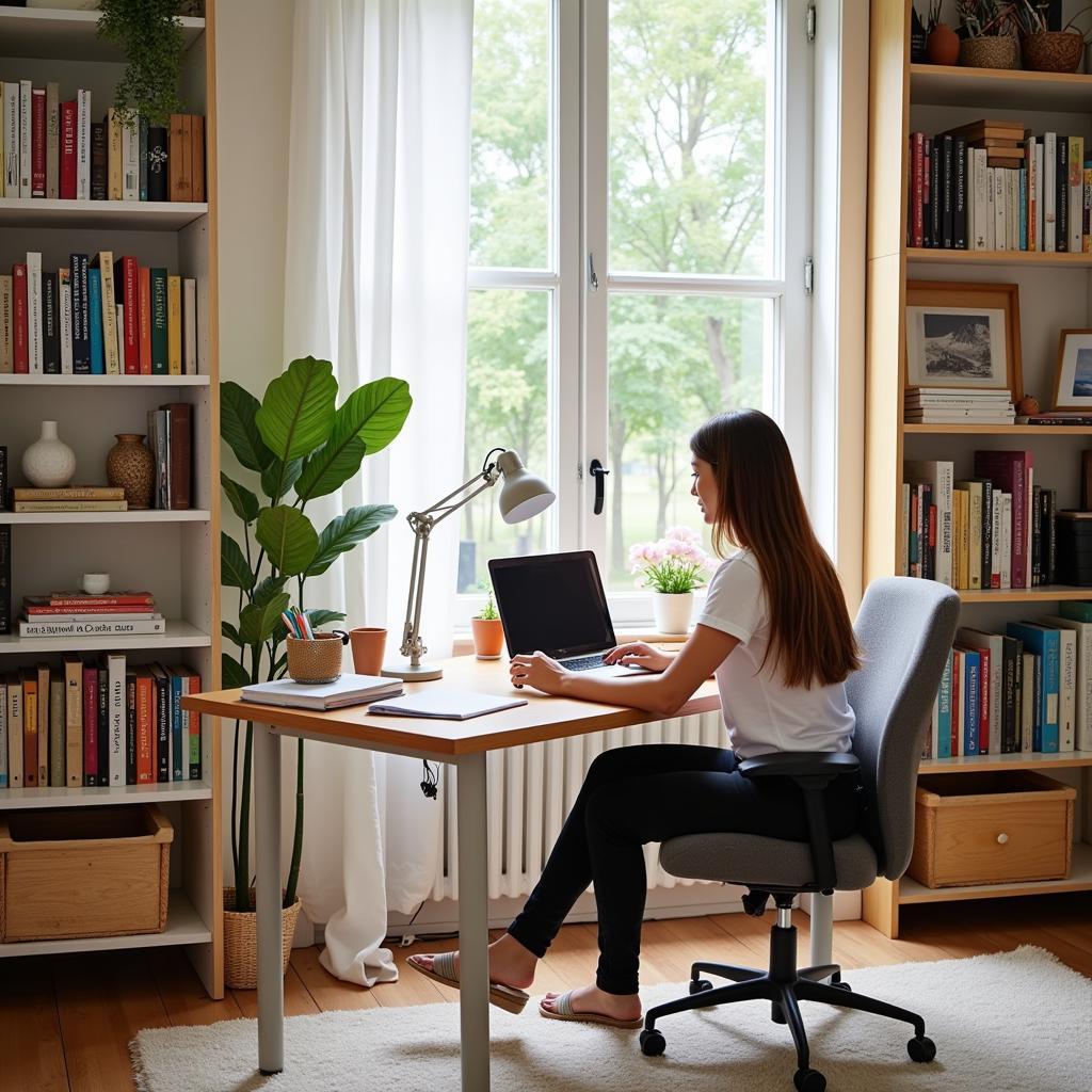 A qualitative researcher working from their home office, surrounded by books and research materials