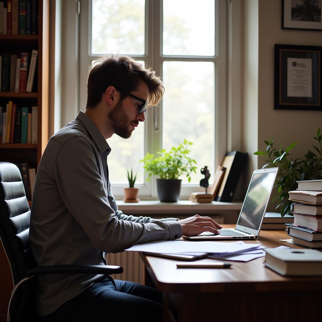 A remote research associate working from their home office, surrounded by books, research papers, and a computer.