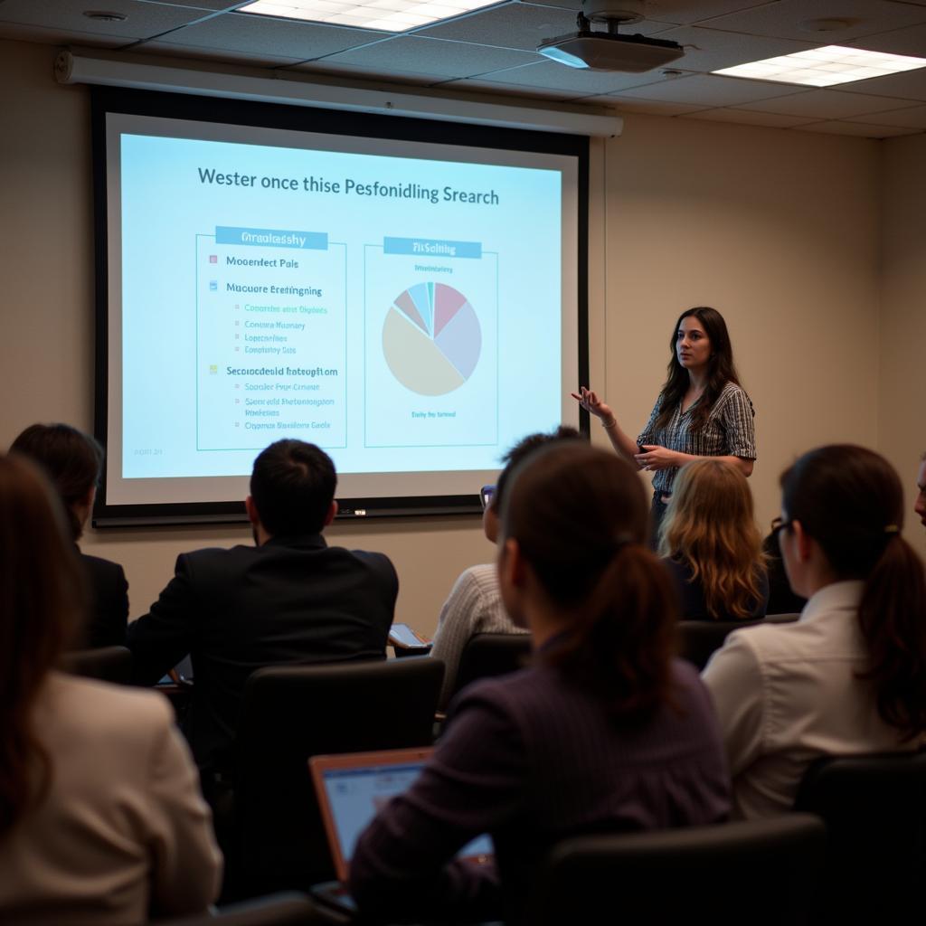 A research assistant confidently presenting their research findings to a group of colleagues and academics during a seminar.