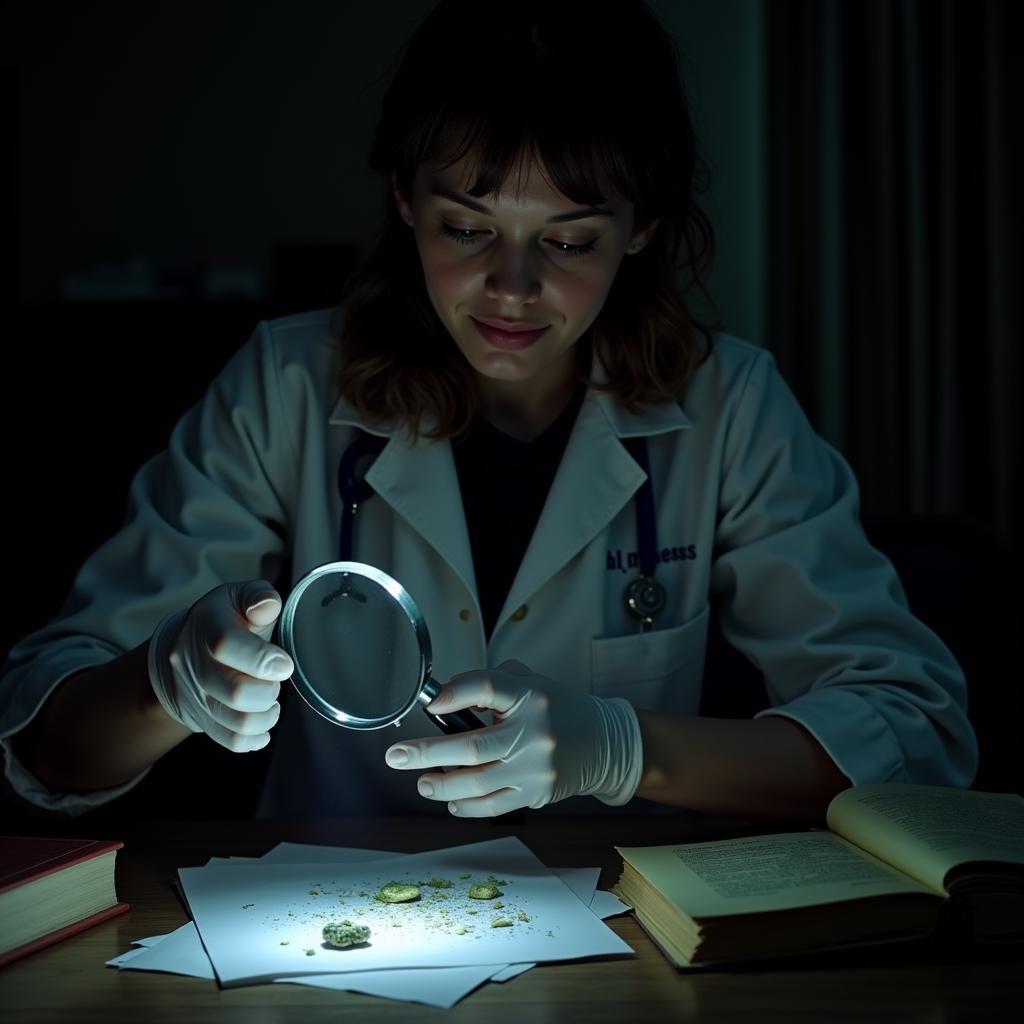 Research assistant carefully examining evidence in a dimly lit room