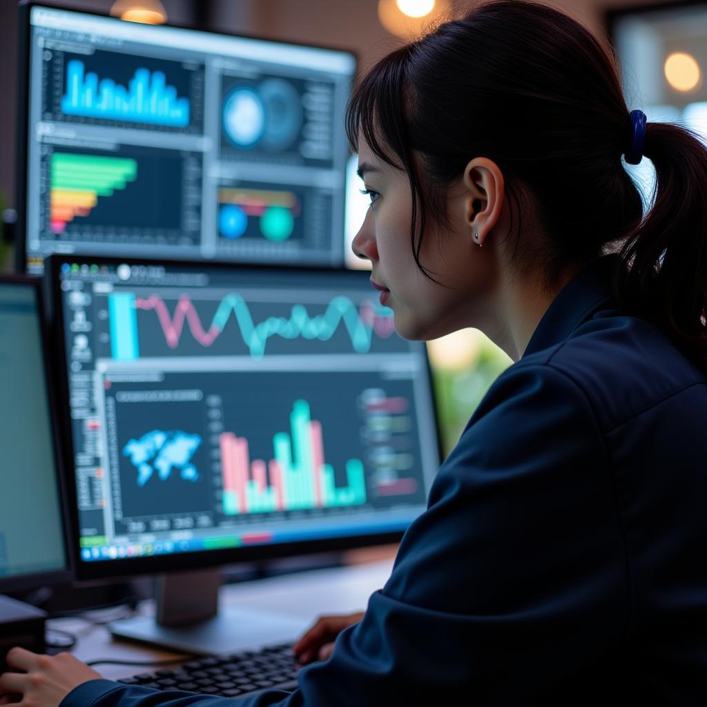 A research associate analyzing data on a computer screen in an office setting