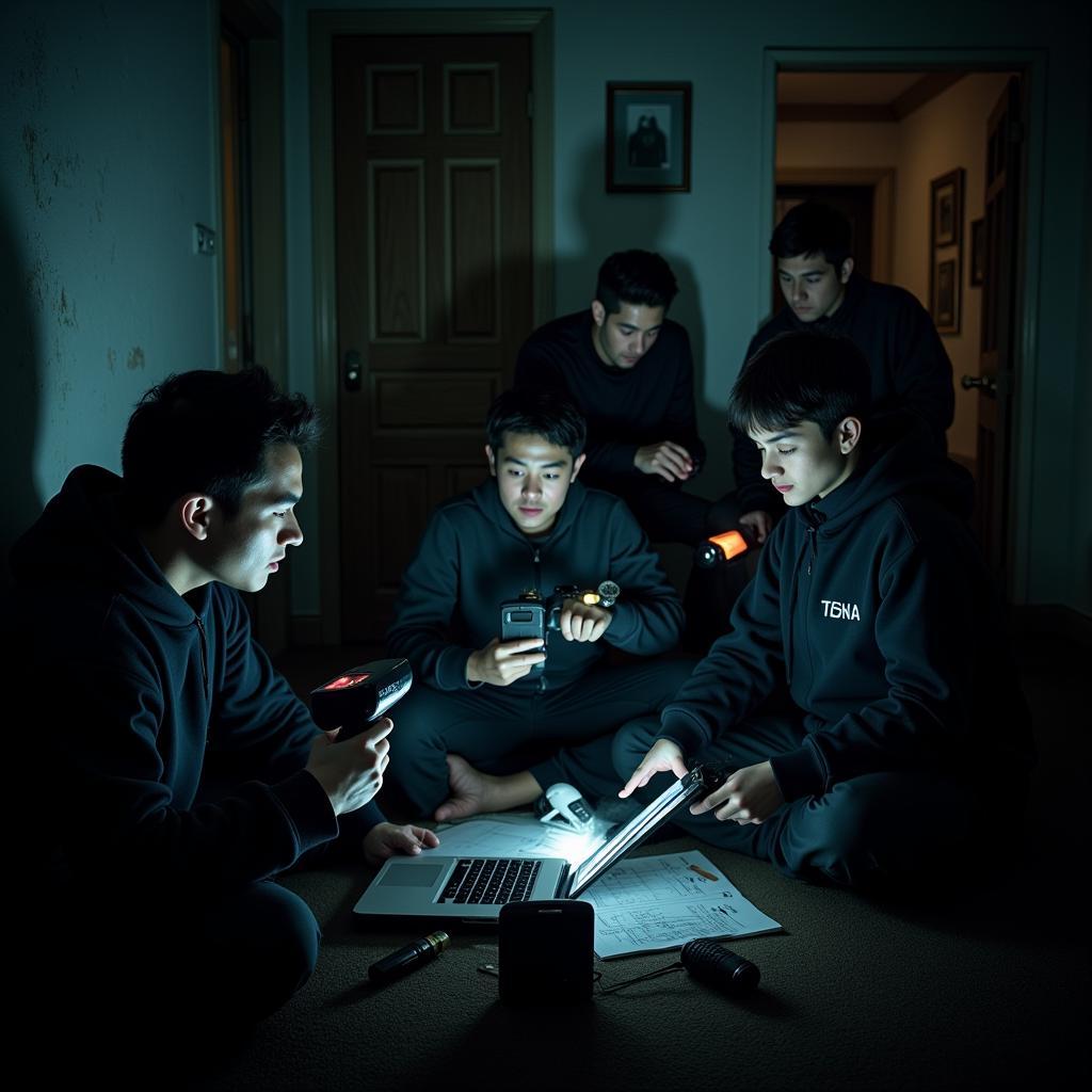 Research-Based Paranormal Investigation: A team of investigators examining evidence collected from a supposedly haunted location.