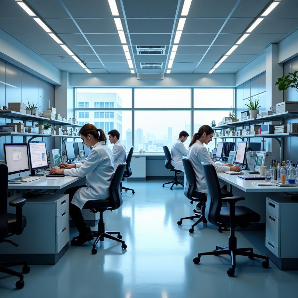 Image showcasing a typical research biologist work environment, including laboratory equipment and researchers collaborating.