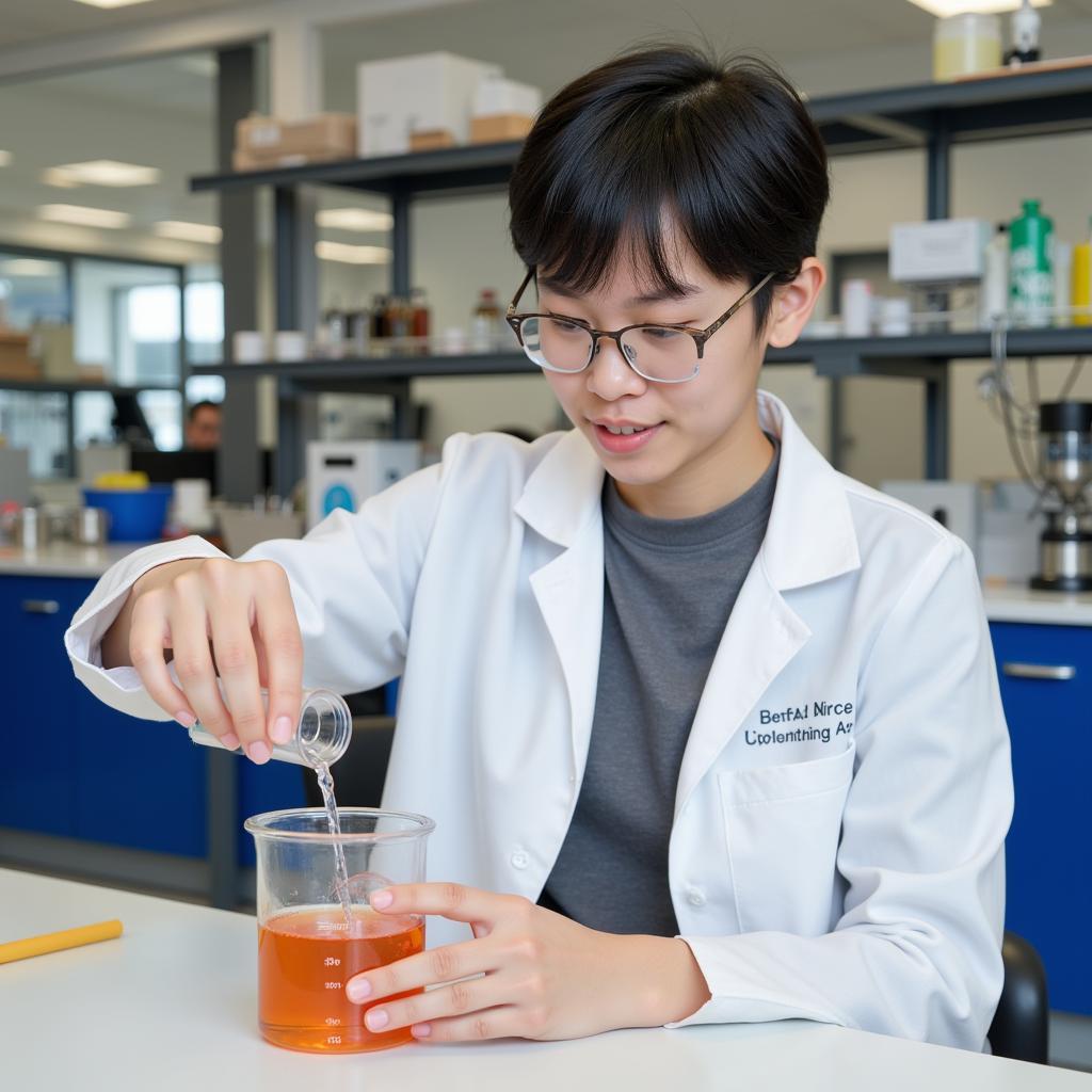 A student wearing a lab coat and safety glasses conducts an experiment in a chemistry lab, showcasing the hands-on experience gained during a research internship.