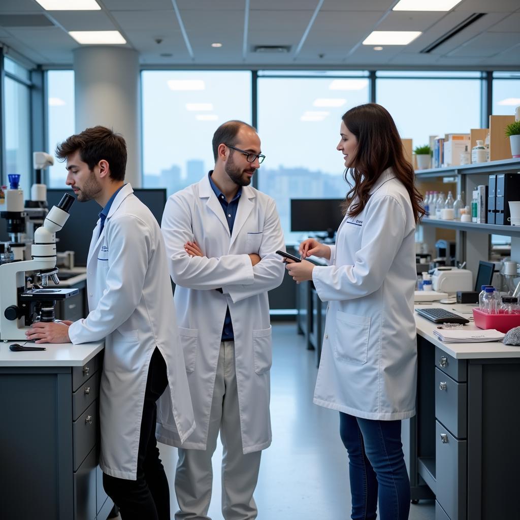 Researchers collaborating on a project at a university campus in Austin