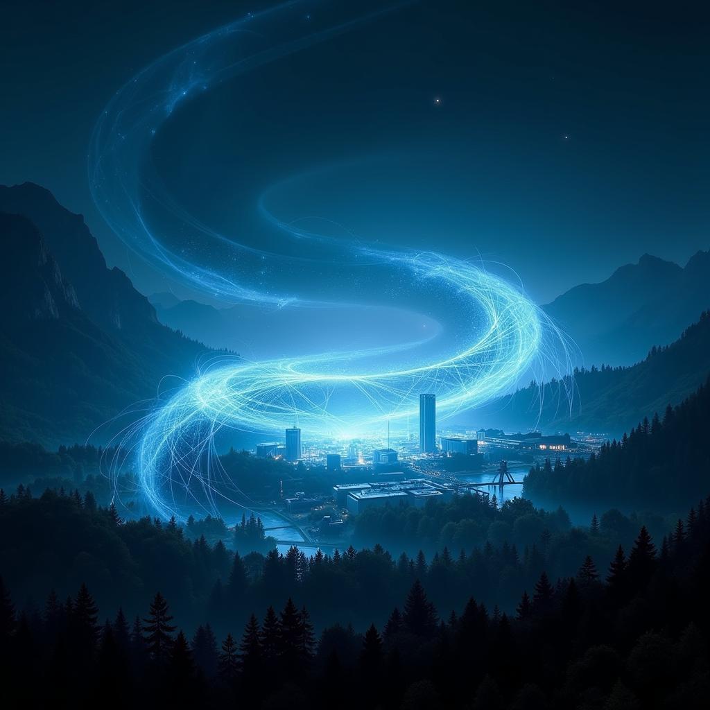 Research Park Energy Field: Depicting a swirling, ethereal energy field surrounding a futuristic research park at night, with faint outlines of buildings and trees visible within the glow.